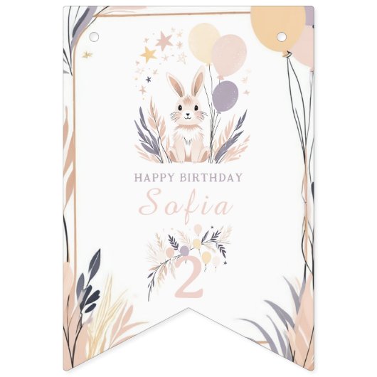 Bannière À Fanions Pastel Boho Rabbit et Ballons Anniversaire (Premier drapeau)