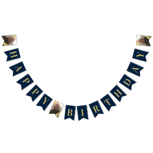 Bannière À Fanions Photo Chic Navy et Or Joyeux Anniversaire