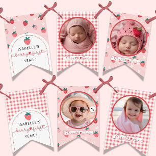 Bannière À Fanions Photo personnalisée Berry 1er Anniversaire rose 12
