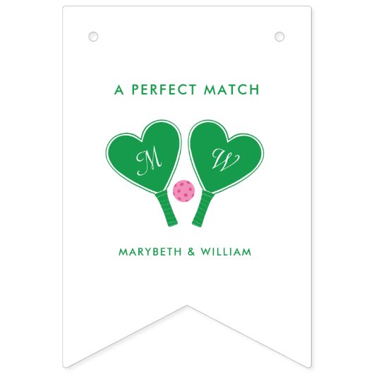 Bannière À Fanions Pickleball Mariage rose et vert Preppy (Premier drapeau)