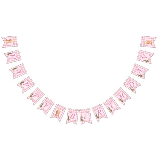 Bannière À Fanions Pink En vichy Bear Cub Joyeux anniversaire (Tout)