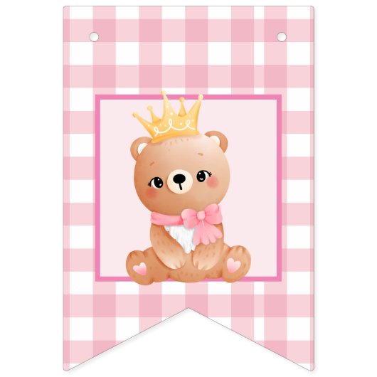 Bannière À Fanions Pink En vichy Bear Cub Joyeux anniversaire (Premier drapeau)