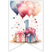 Bannière À Fanions Premier anniversaire - Cadeaux d'aquarelle et ball (Premier drapeau)