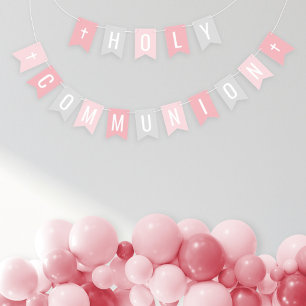 Bannière À Fanions Première Sainte Communion Fête Fille Rose Gris