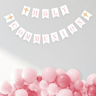 Bannière À Fanions Première Sainte Communion Fleurie Rose Or Fille