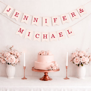 Bannière À Fanions Rose et Rouge Mariage Noms des Mariés Simple