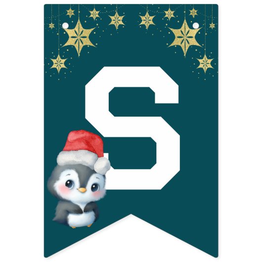 Bannière À Fanions Rouge Vert aquarelle Penguin Joyeux Noël fête (Qunizième drapeau)