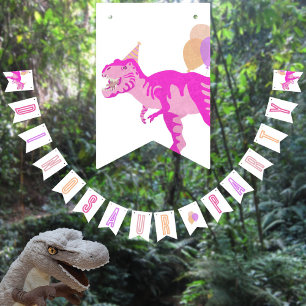 Bannière À Fanions T-Rex rose mignon Anniversaire Jurassique Dinosaur
