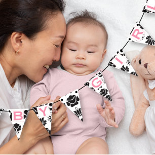 Bannière À Fanions Texte rose Black Floral Patten Baby Girl