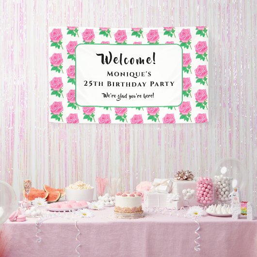 Bannière d'anniversaire aux roses roses