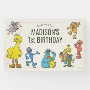 Bannière d'anniversaire avec des personnages vinta