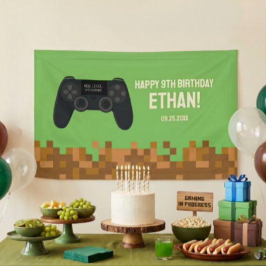 Bannière d'anniversaire de joueur pixelisé marron