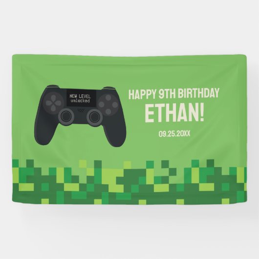 Bannière d'anniversaire de joueur pixelisé vert (Horizontal)