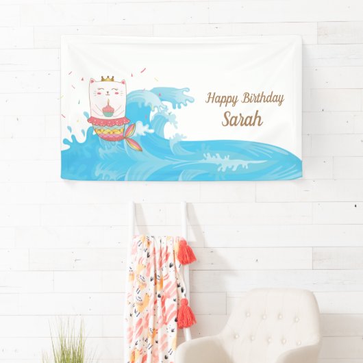 Bannière d'anniversaire de la sirène de chat (En situation)