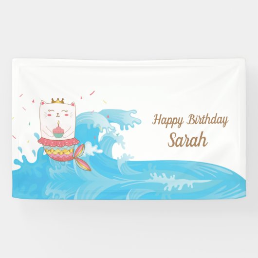 Bannière d'anniversaire de la sirène de chat (Horizontal)