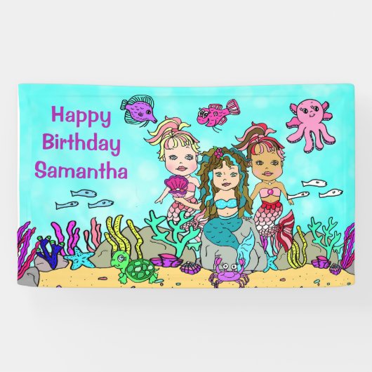 Bannière d'anniversaire de sirène sous la mer (Horizontal)