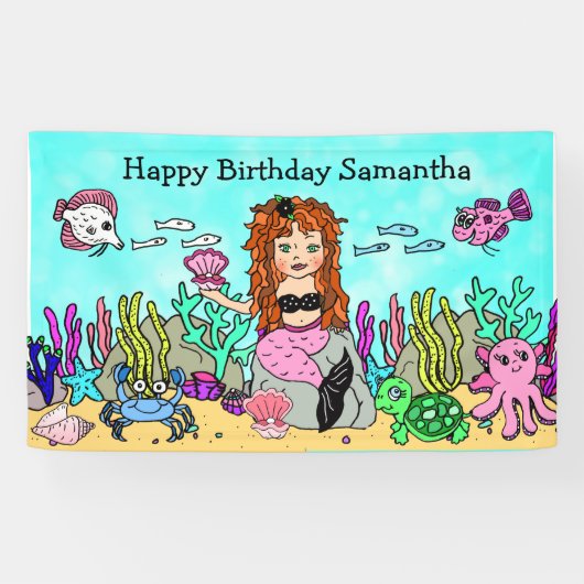 Bannière d'anniversaire de sirène sous la mer (Horizontal)