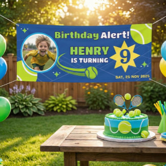 Bannière d'anniversaire de tennis bleu sportif pou
