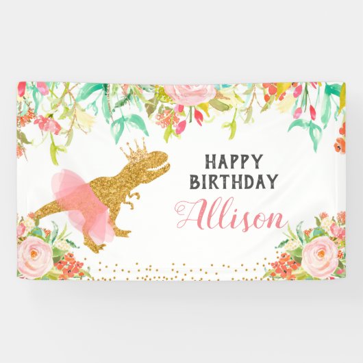 Bannière d'anniversaire Floral Pink Dinosaur (Horizontal)