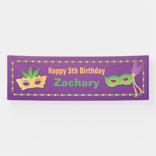 Bannière d'anniversaire Mardi Gras Masques et Perl (Horizontal)