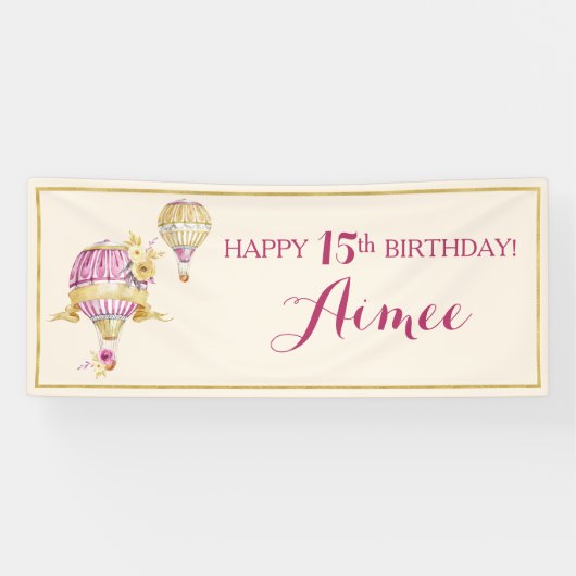 Bannière d'anniversaire Pink+Gold Hot Air (Horizontal)