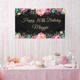 Bannière d'anniversaire rose Floral Black Gold