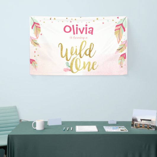 Bannière d'anniversaire Wild one Plumes Or bohème  (Salon professionnel)