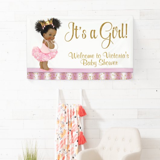 Bannière de Baby Shower Fille Princesse Afro-Améri (En situation)