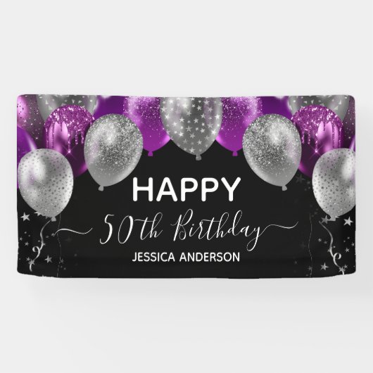 Bannière de ballons violets et argentés pour 50e a (Horizontal)