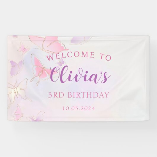 Bannière de fête d'anniversaire de papillon rose (Horizontal)