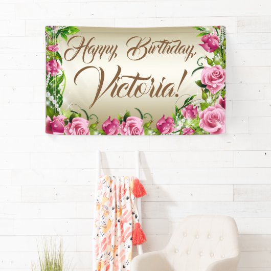 Bannière de fête d'anniversaire de Rose rose or (En situation)