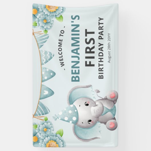 Bannière de fête d'anniversaire du garçon Eléphant (Vertical)