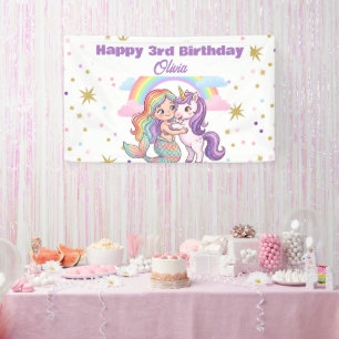 Bannière de fête d'anniversaire Sirène Licorne