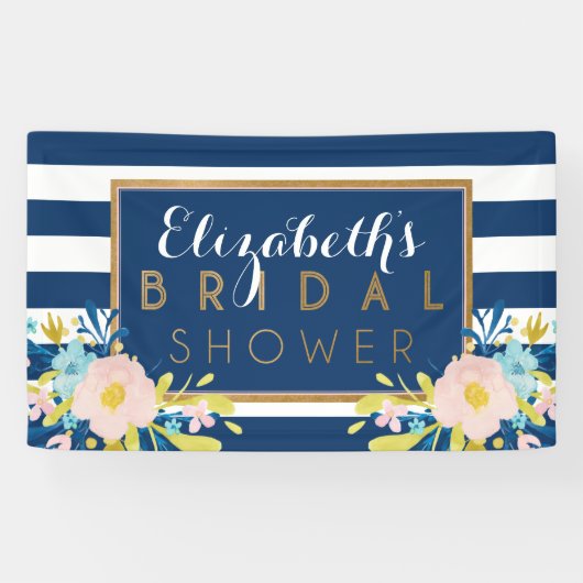 Bannière de Fête de Mariage Florale Rayée Navy (Horizontal)
