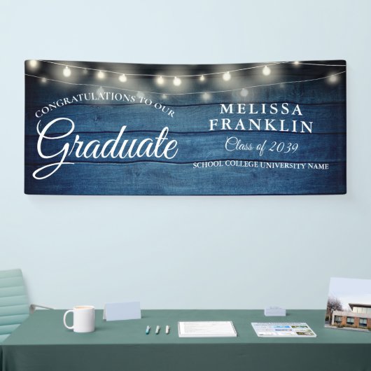 Bannière de graduation en bois rustique bleu (Salon professionnel)