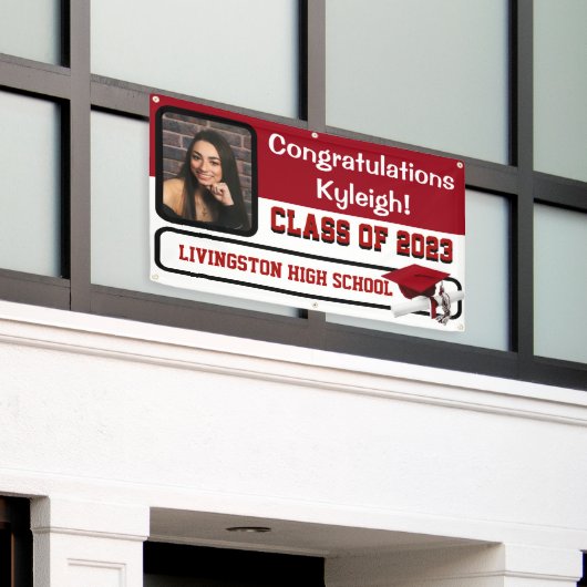 Bannière de graduation en vinyle rouge et blanc (Bâtiment extérieur)