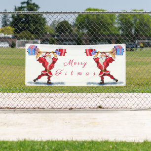 Bannière de Noël Bodybuilder Père Noël avec cadeau