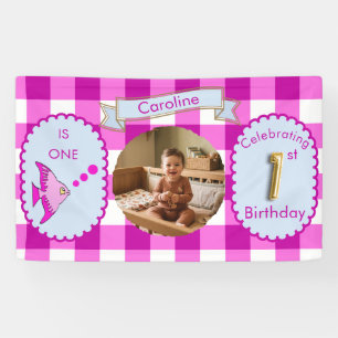 Bannière de photo anniversaire 1 an Gingham rose F