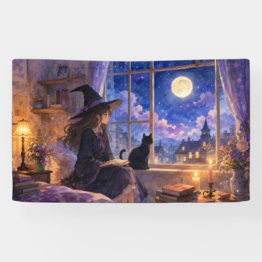 Bannière de sorcière lisant au clair de lune (Horizontal)