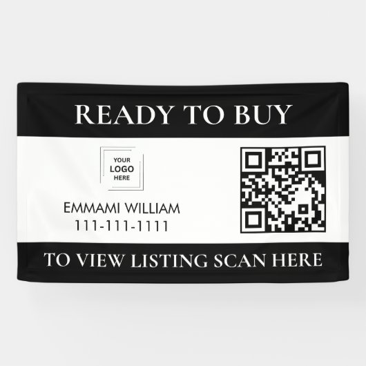 Bannière de vente de code QR d'immobilier noir et (Horizontal)