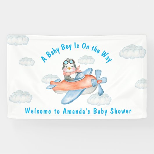 Bannière du Baby shower Blue Boy Avion Penguin (Horizontal)