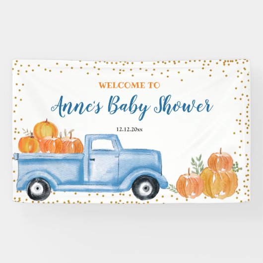 Bannière du Baby shower du camion Citrouille bleu (Horizontal)