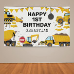 Bannière du parti Anniversaire de enfant de constr<br><div class="desc">Banderole d'anniversaire sur le thème de la construction avec un simple arrière - plan blanc, avec de jolies illustrations de dessins animés de bunting, des panneaux d'arrêt, un camion à benne, une crevette, un camion de ciment, une grue à billes, des éclats de saleté, et un heureux modèle d'anniversaire qui...</div>