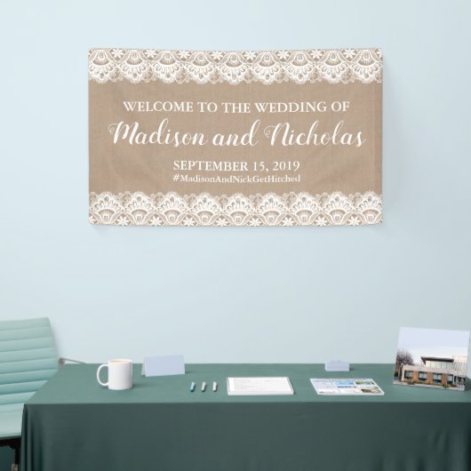Bannière Mariage Burlap et dentelle, Rustique (Salon professionnel)