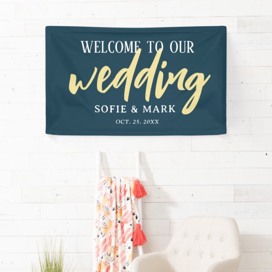 Bannière Mariage de script Gold Navy Blue Welcome (En situation)
