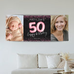 Bannière photo 50th Black Pink Happy Birthday<br><div class="desc">Bannière de fête du cinquantième anniversaire de marque avec un arrière - plan noir branché,  2 grandes photos,  parties scintillant rose étincelante,  50 ballons d'hélium rose,  et un modèle de célébration personnalisé facile à personnaliser.</div>