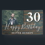 Bannière photo Rustic Wood 30th Birthday Party<br><div class="desc">Bannière photo Rustic Wood 30th Birthday Party. Grand signe pour la fête du 30ème anniversaire avec une photo personnalisée et un texte en script blanc tendance avec un nom. L'arrière - plan est de texture bois foncé. Personnalisez le panneau avec votre photo,  votre nom et votre numéro d'âge.</div>