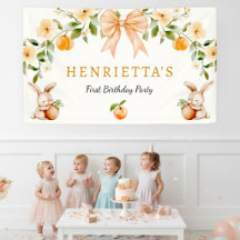 Bannière Premier Anniversaire Lapin Floral Pêche