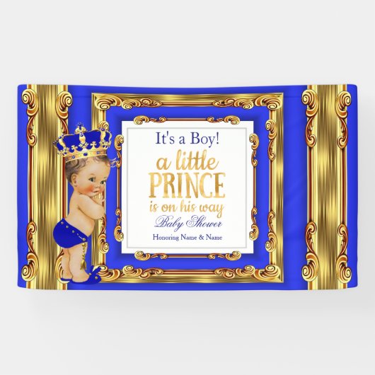 Bannière Prince Baby shower Royal Blue Gold Brunet (Horizontal)
