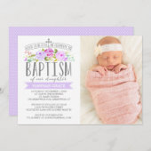 Bannière rose Baptême violet Invitation photo (Devant / Derrière)